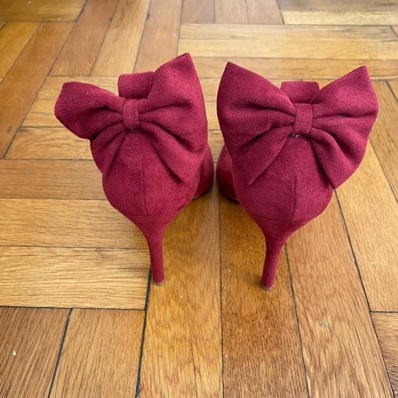 ZBY Burgundy Ankle Bow Heels - Faux Suede - Size 6.5 - Picture 2 of 6